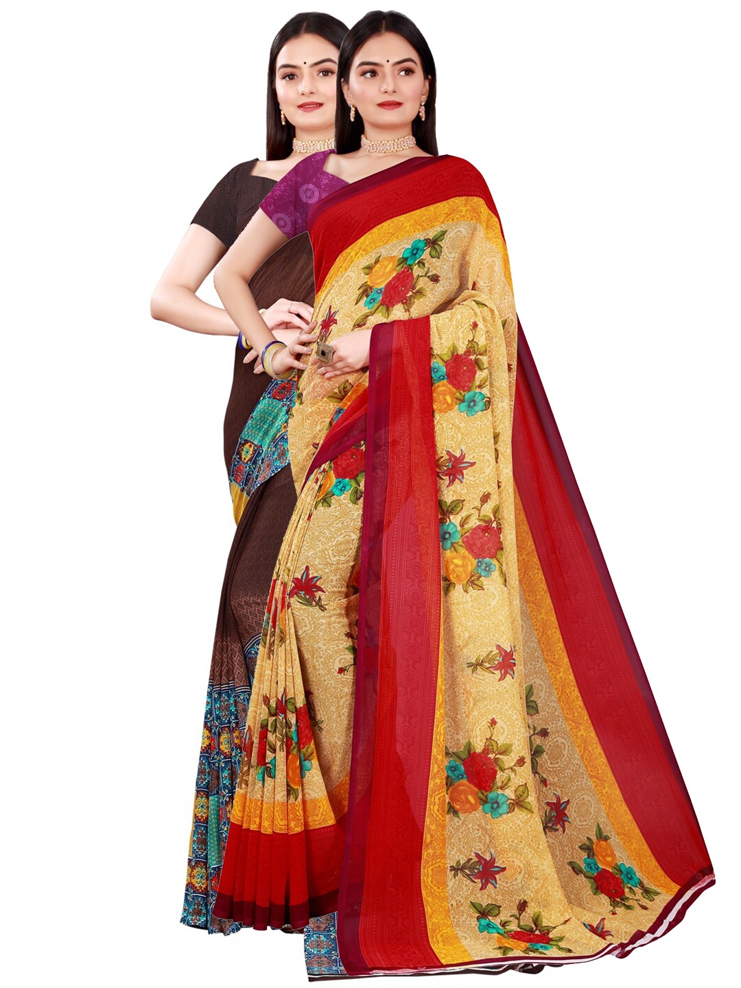 

KALINI Pack Of 2 Women Beige & Brown Printed Pure Georgette Saree With Unstitched Blouse