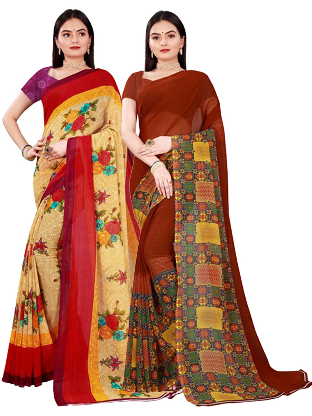 

KALINI Pack Of 2 Women Beige & Brown Printed Pure Georgette Saree With Unstitched Blouse