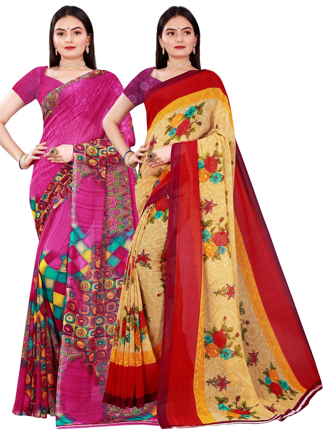 

KALINI Pack Of 2 Women Beige & Pink Printed Pure Georgette Saree With Unstitched Blouse