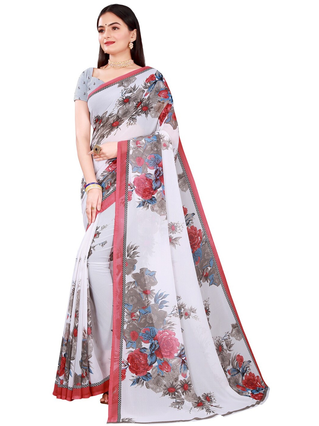 

KALINI Pack Of 2 Women Beige & White Printed Pure Georgette Saree With Unstitched Blouse