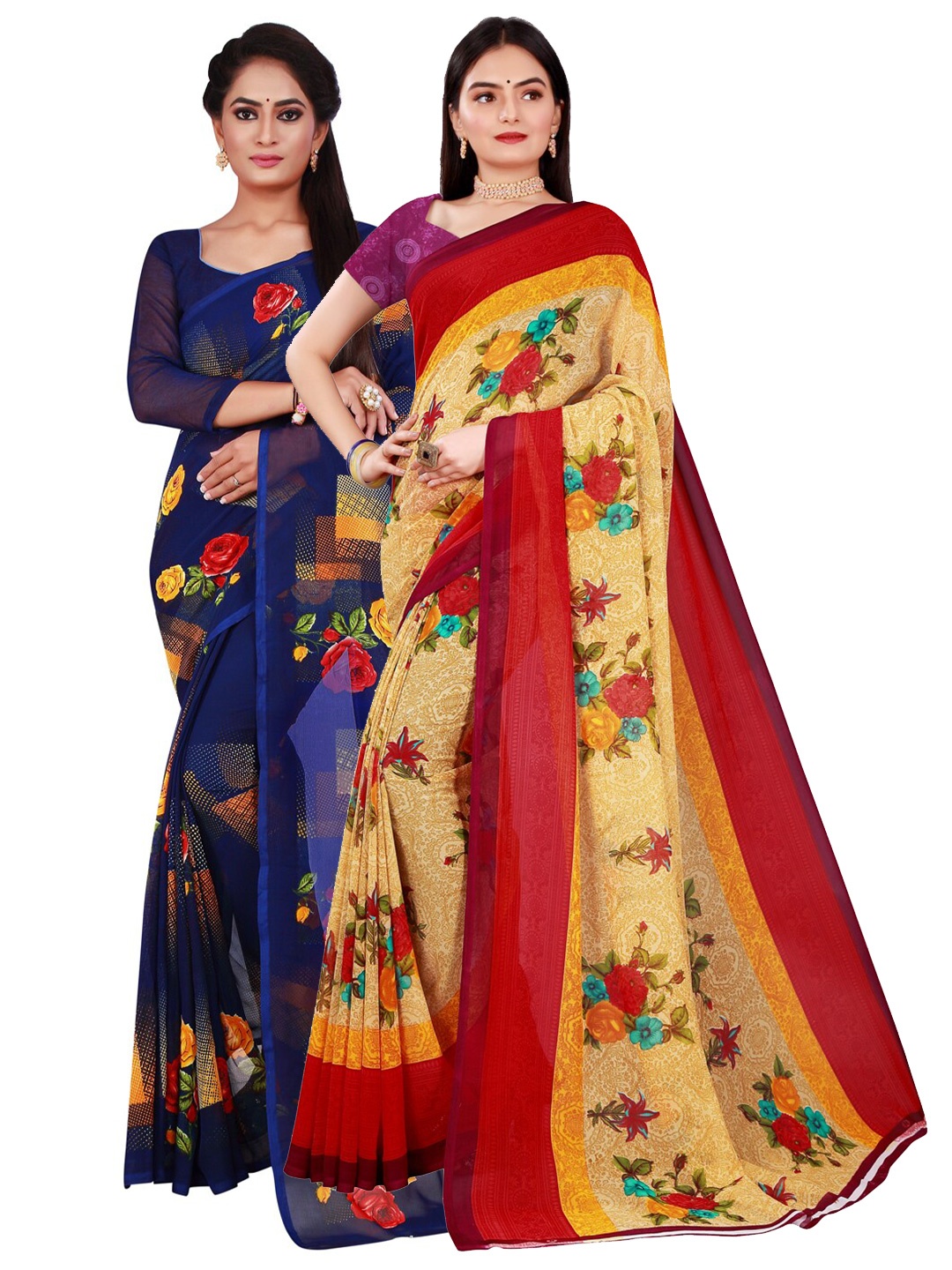 

KALINI Pack Of 2 Women Beige & Navy Blue Pure Georgette Saree With Unstitched Blouse