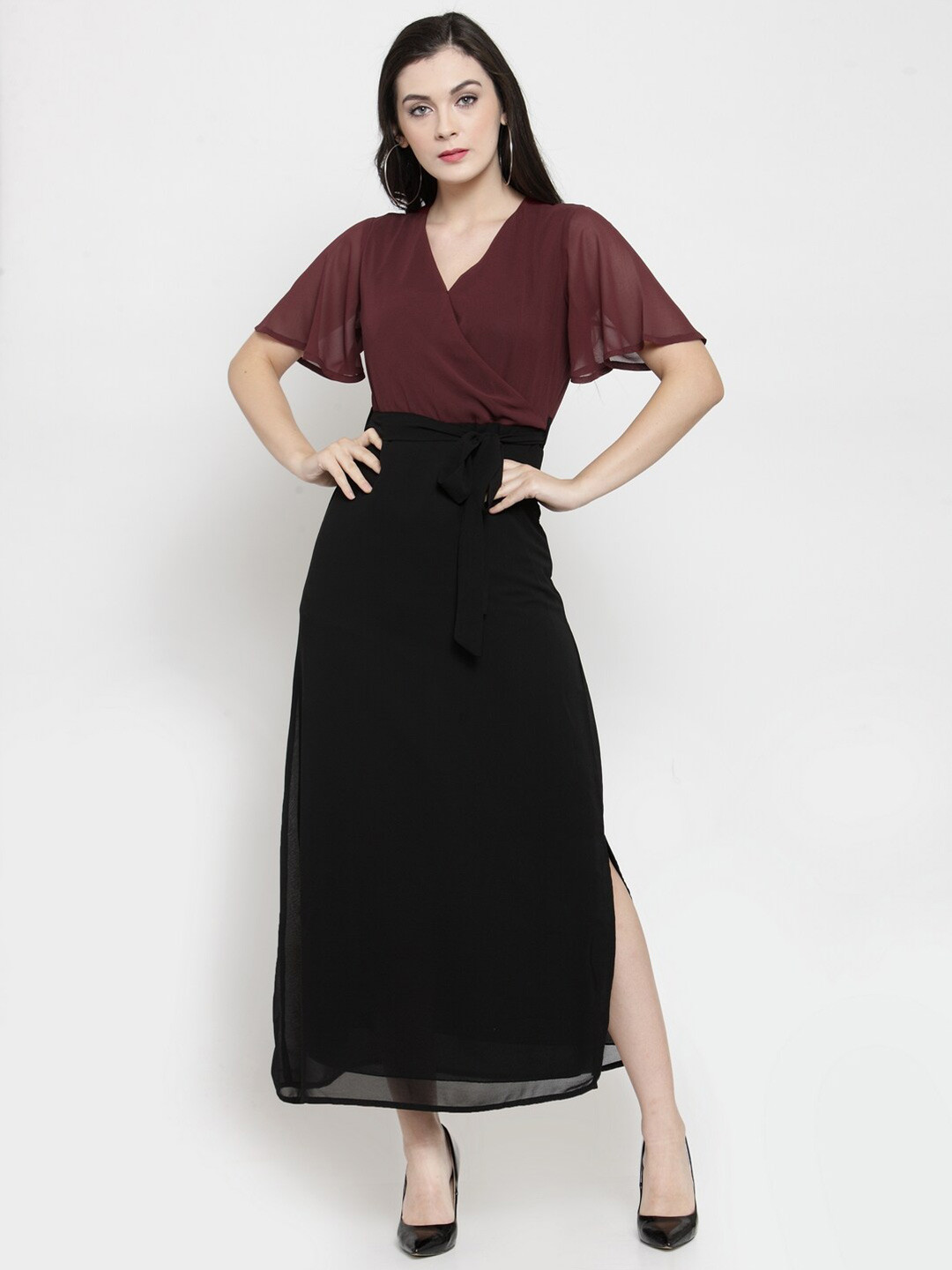 

Color Cocktail Maroon Colourblocked Georgette Maxi Dress