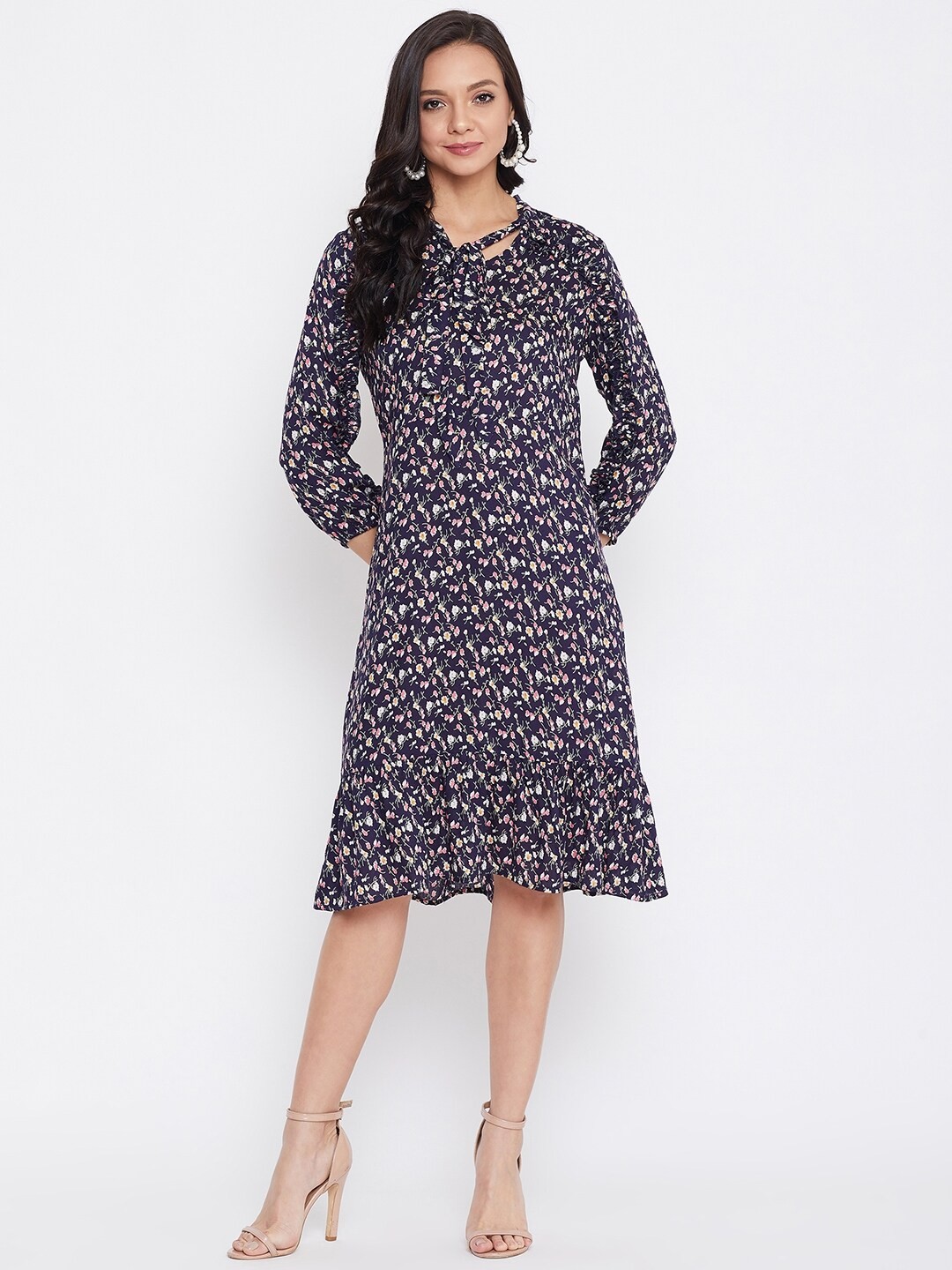 

Color Cocktail Navy Blue Floral Tie-Up Neck A-Line Dress