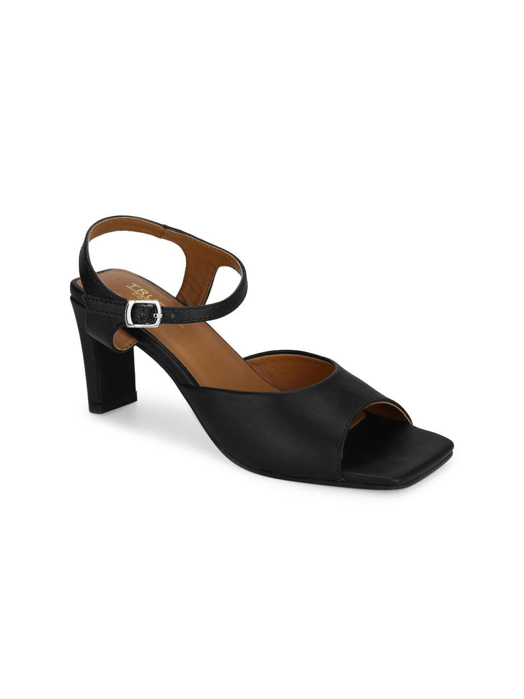 

Truffle Collection Women Black PU Block Peep Toes with Buckles