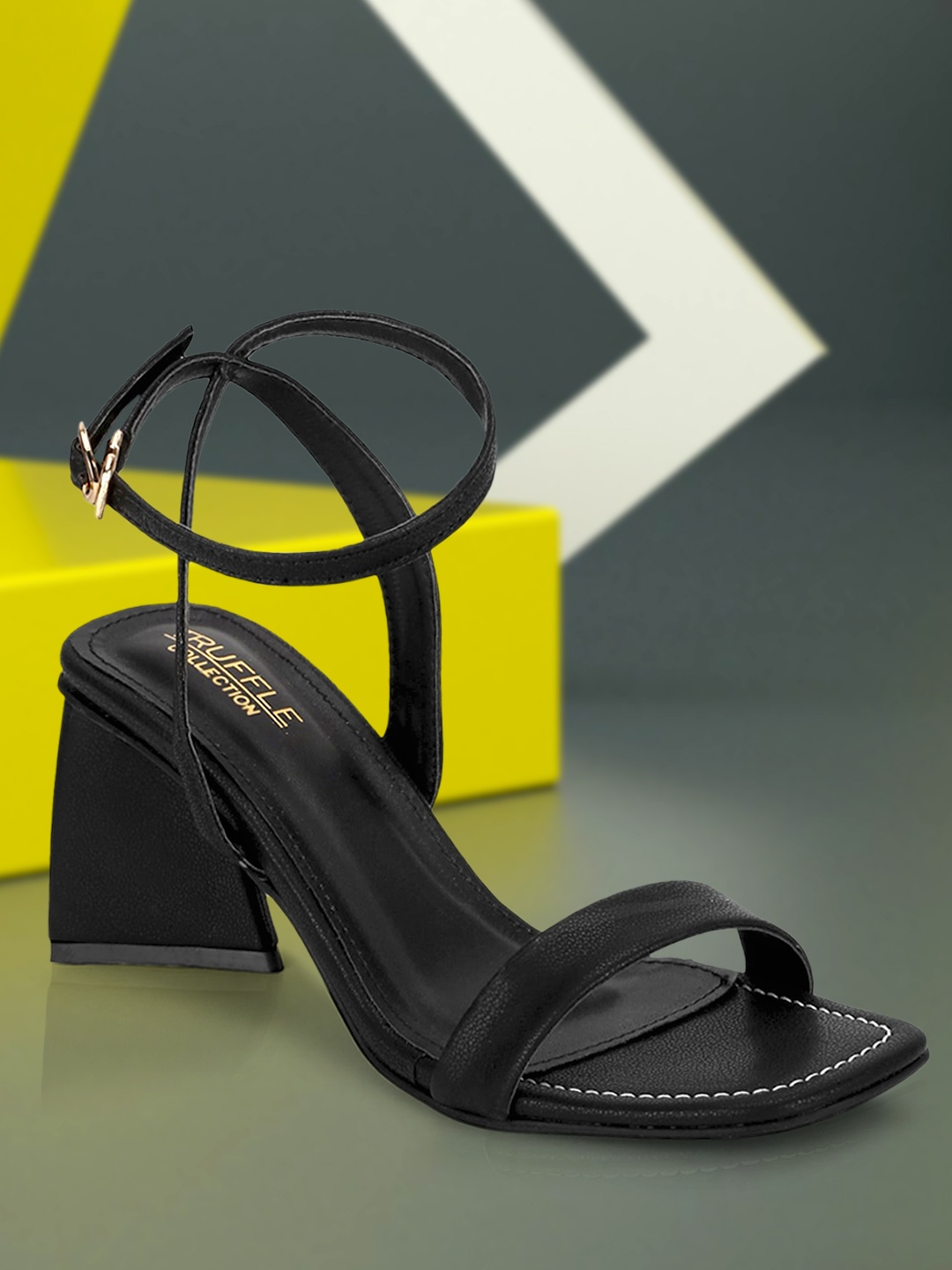 

Truffle Collection Black PU Block Sandals with Buckles