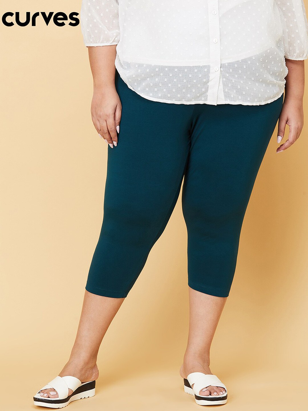 

max Women Plus Size Teal Blue Solid Three-Fourth Length Leggings