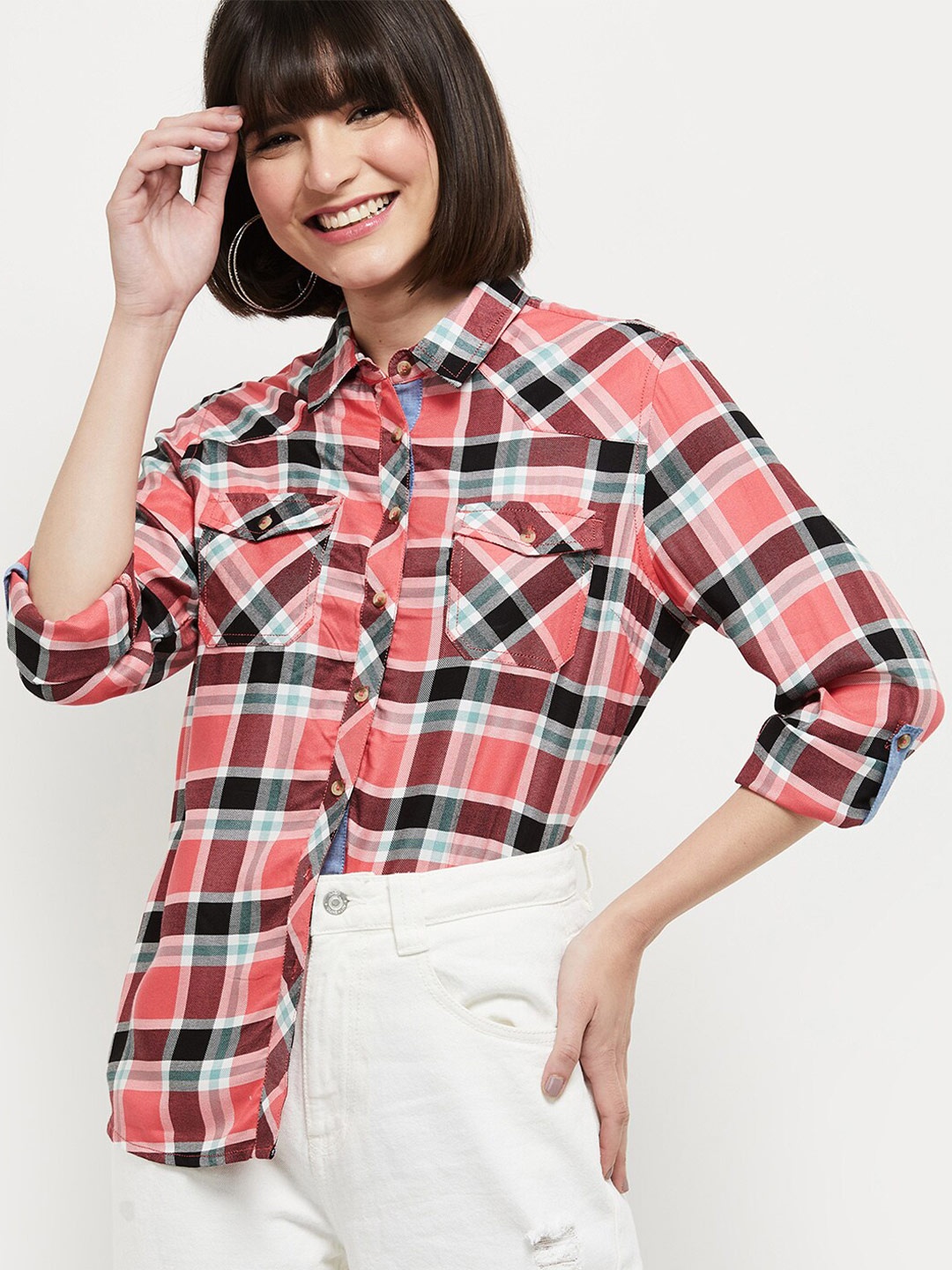 

max Women Coral Tartan Checked Casual Shirt