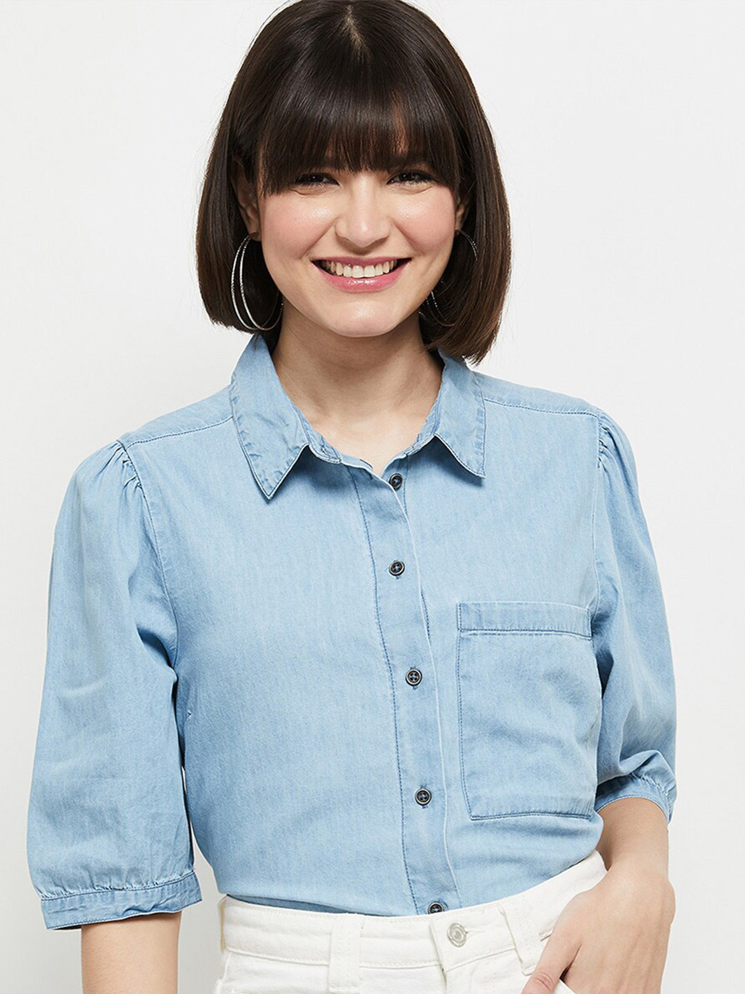 

max Women Blue Cotton Casual Shirt