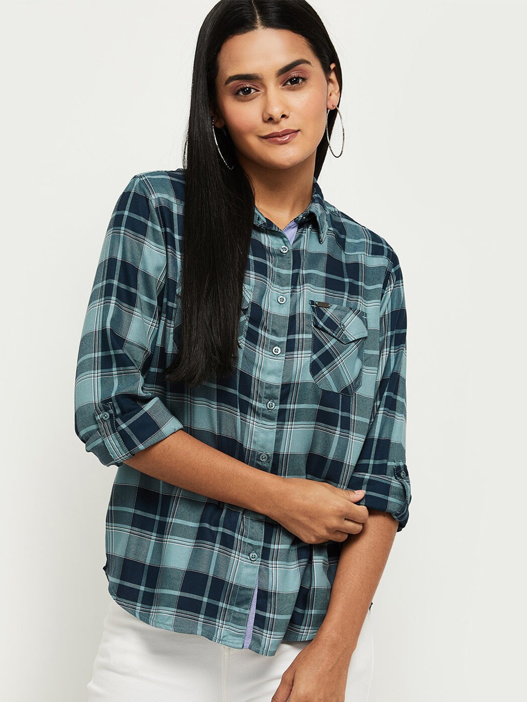 

max Women Green Tartan Checked Pure Cotton Casual Shirt
