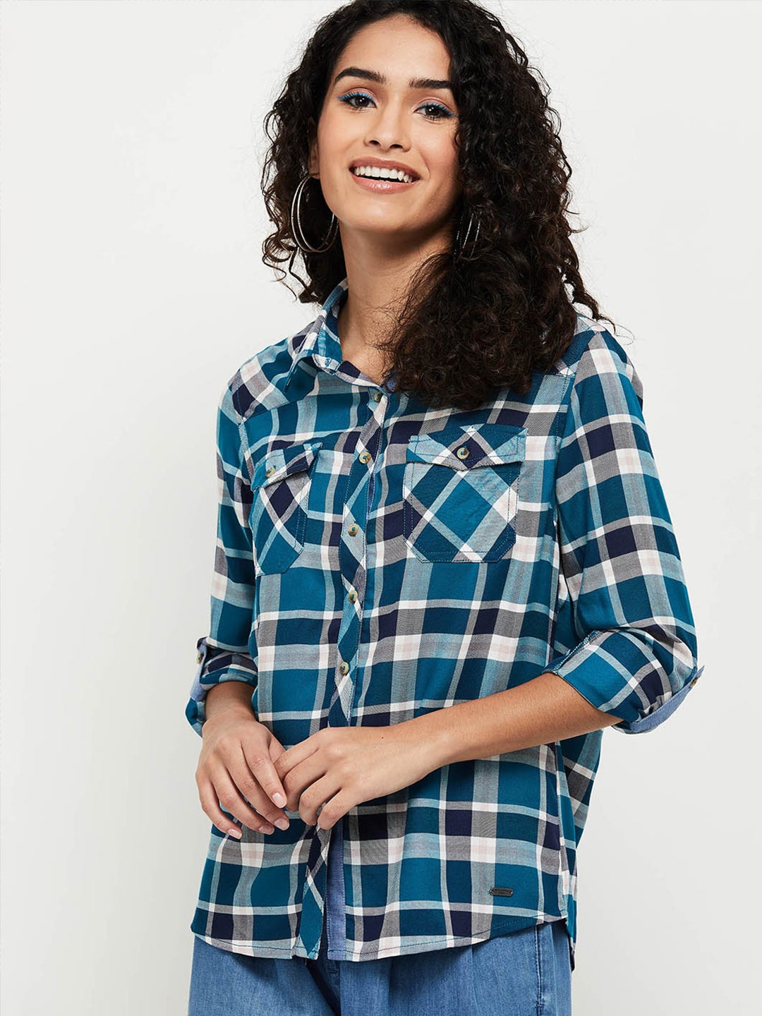 

max Women Blue Tartan Checked Casual Shirt