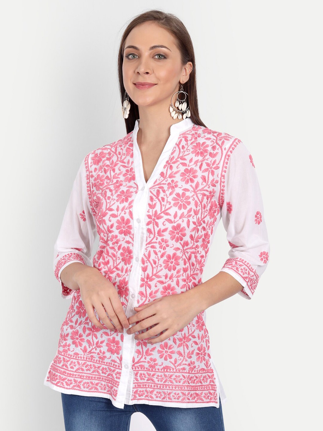 

Indiankala4u Women White & Pink Floral Print Mandarin Collar Shirt Style Top