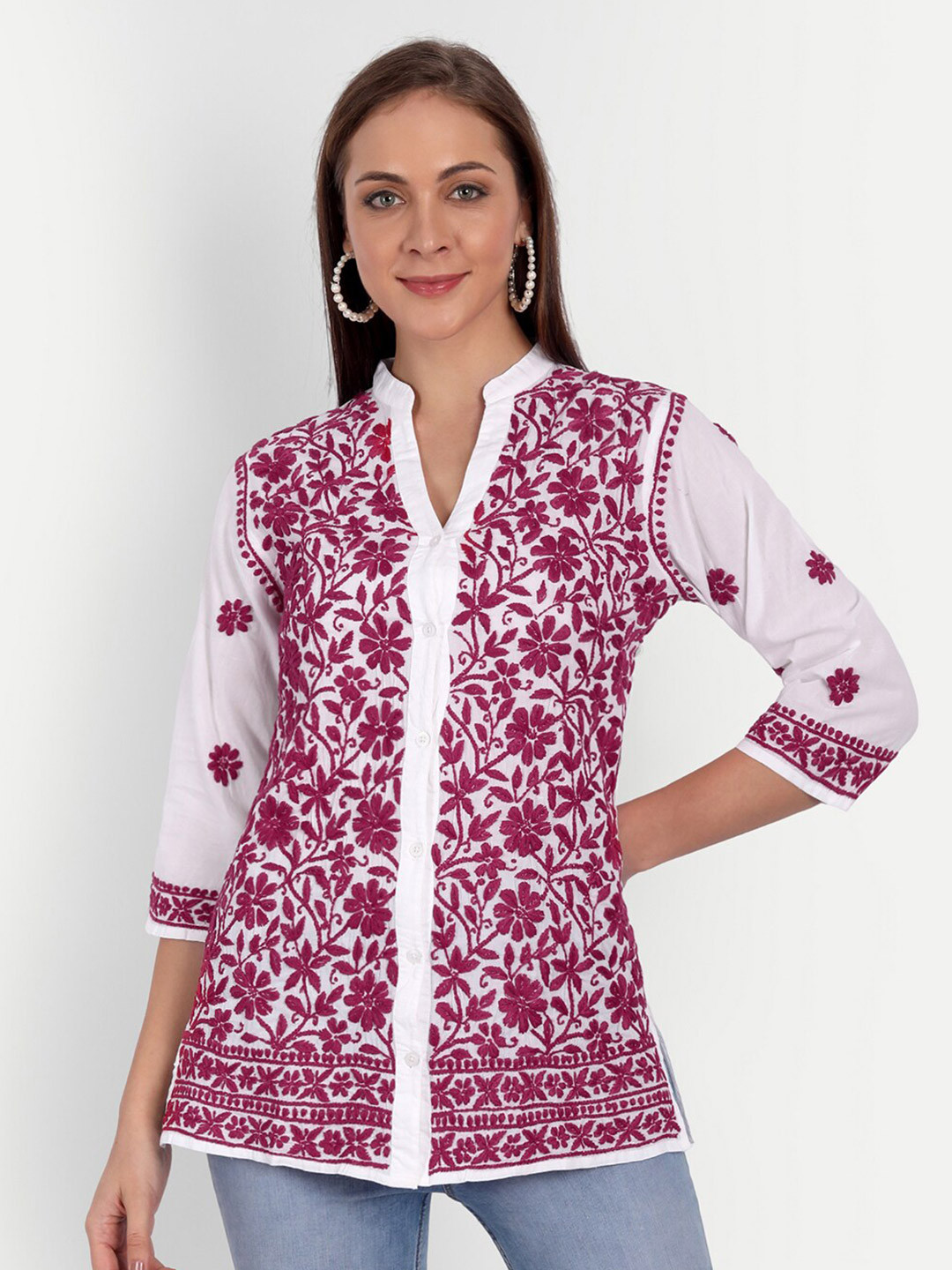 

Indiankala4u White & Maroon Floral Embroidered Mandarin Collar Pure Cotton Shirt Style Top