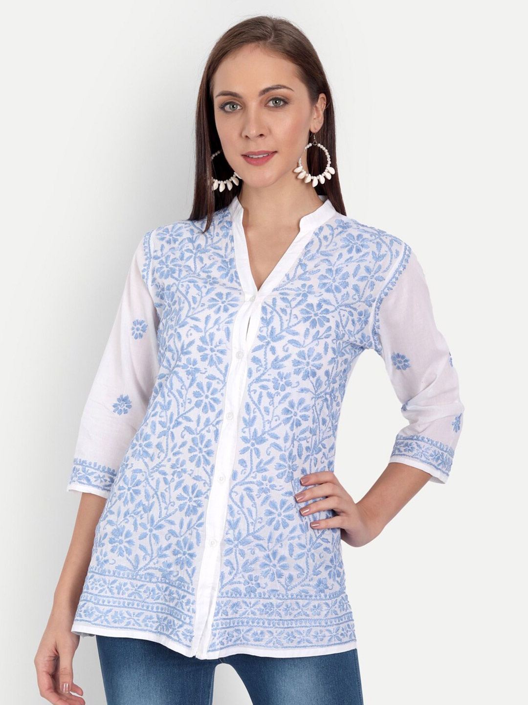 

Indiankala4u Women White Floral Print Mandarin Collar Top