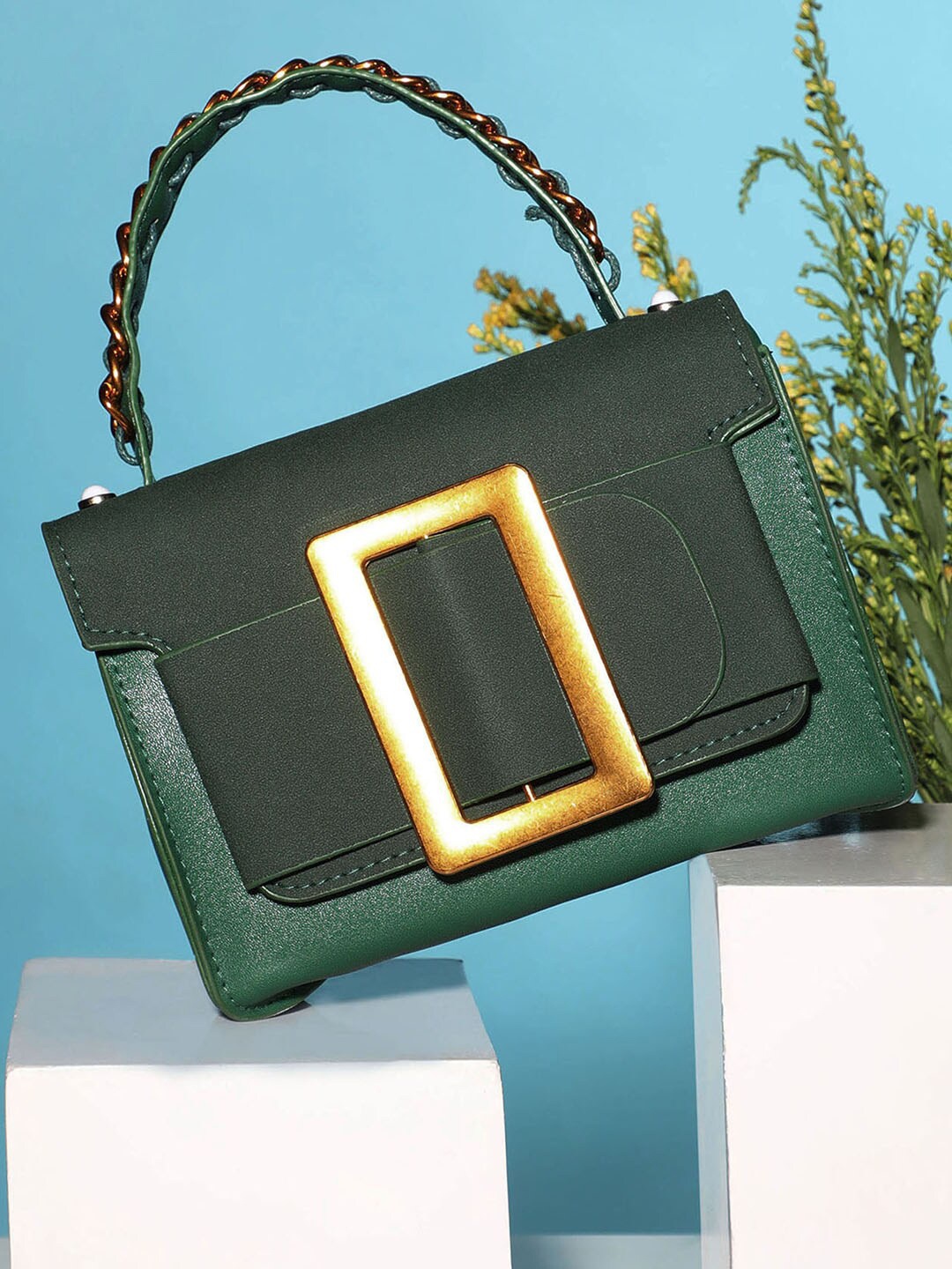 

HAUTE SAUCE by Campus Sutra Green Textured PU Bucket Handbag