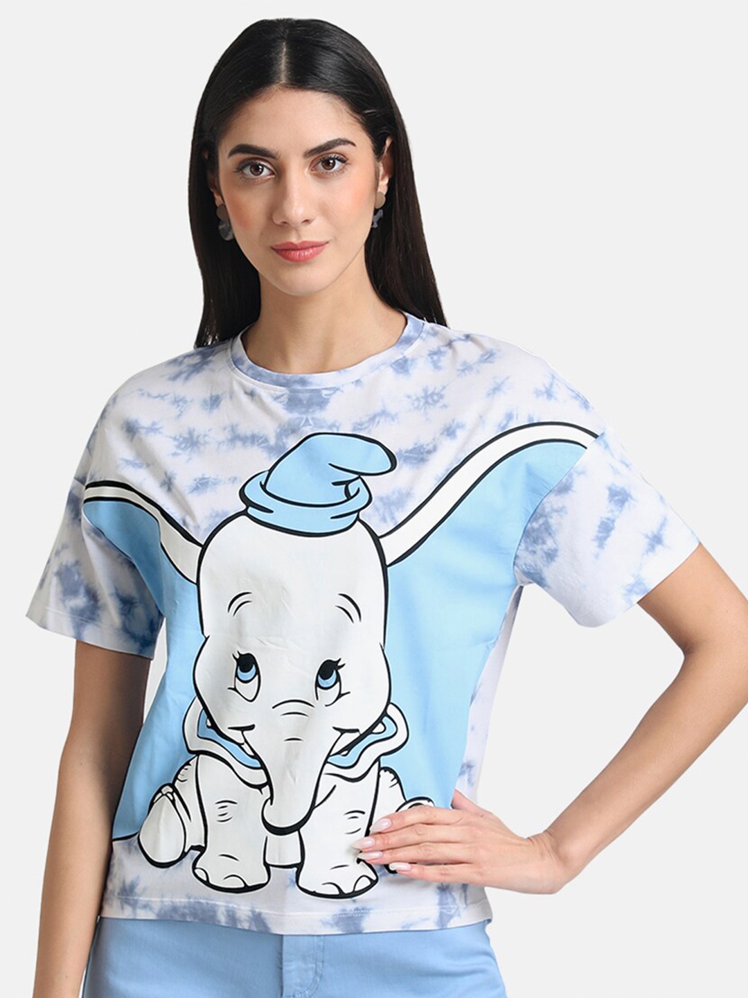 

Kazo Women Blue Dumbo Disney Tye and Dye Printed Oversized T-shirt