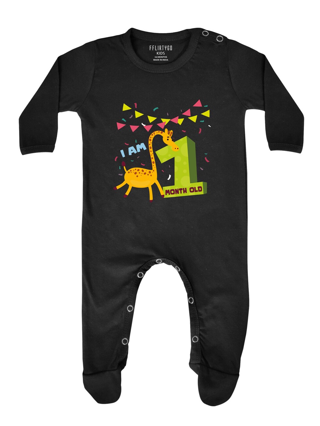 

FFLIRTYGO Infants 1 Month Milestone Printed Pure Cotton Sleepsuit, Black