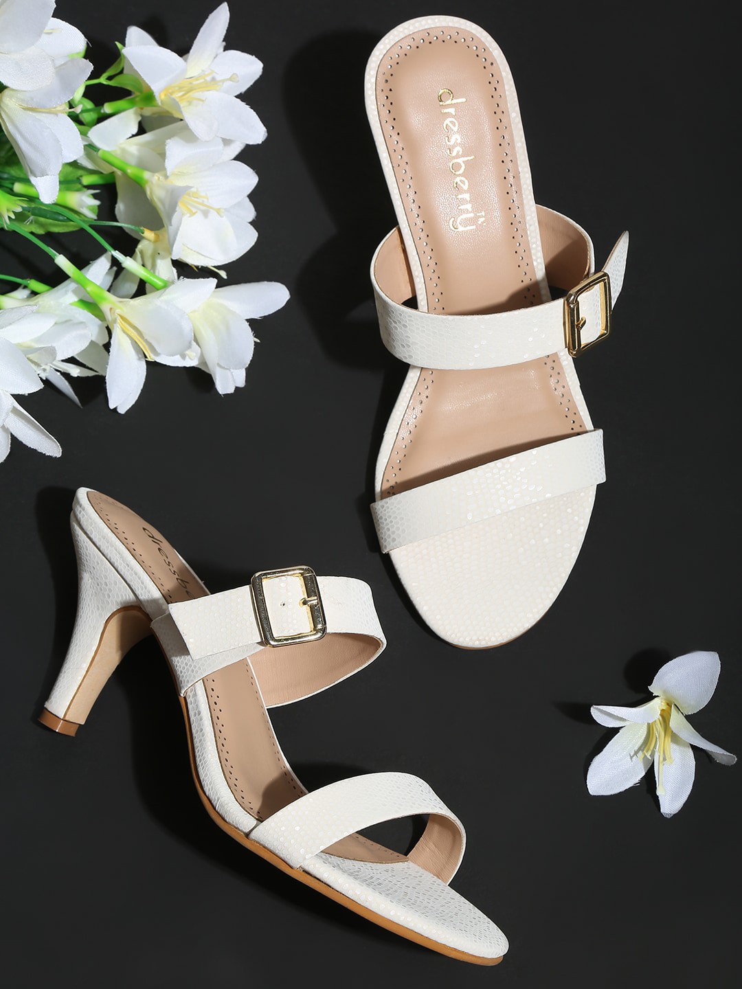 

DressBerry White PU Kitten Heels with Buckles