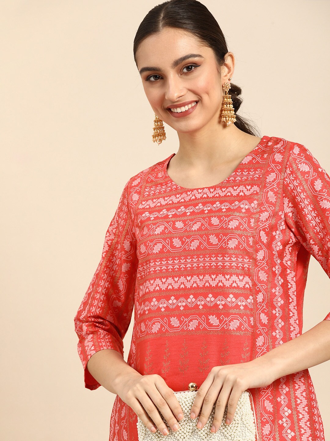 

Anouk Women Coral Red & Gold-Toned Ethnic Motifs Printed Kurta