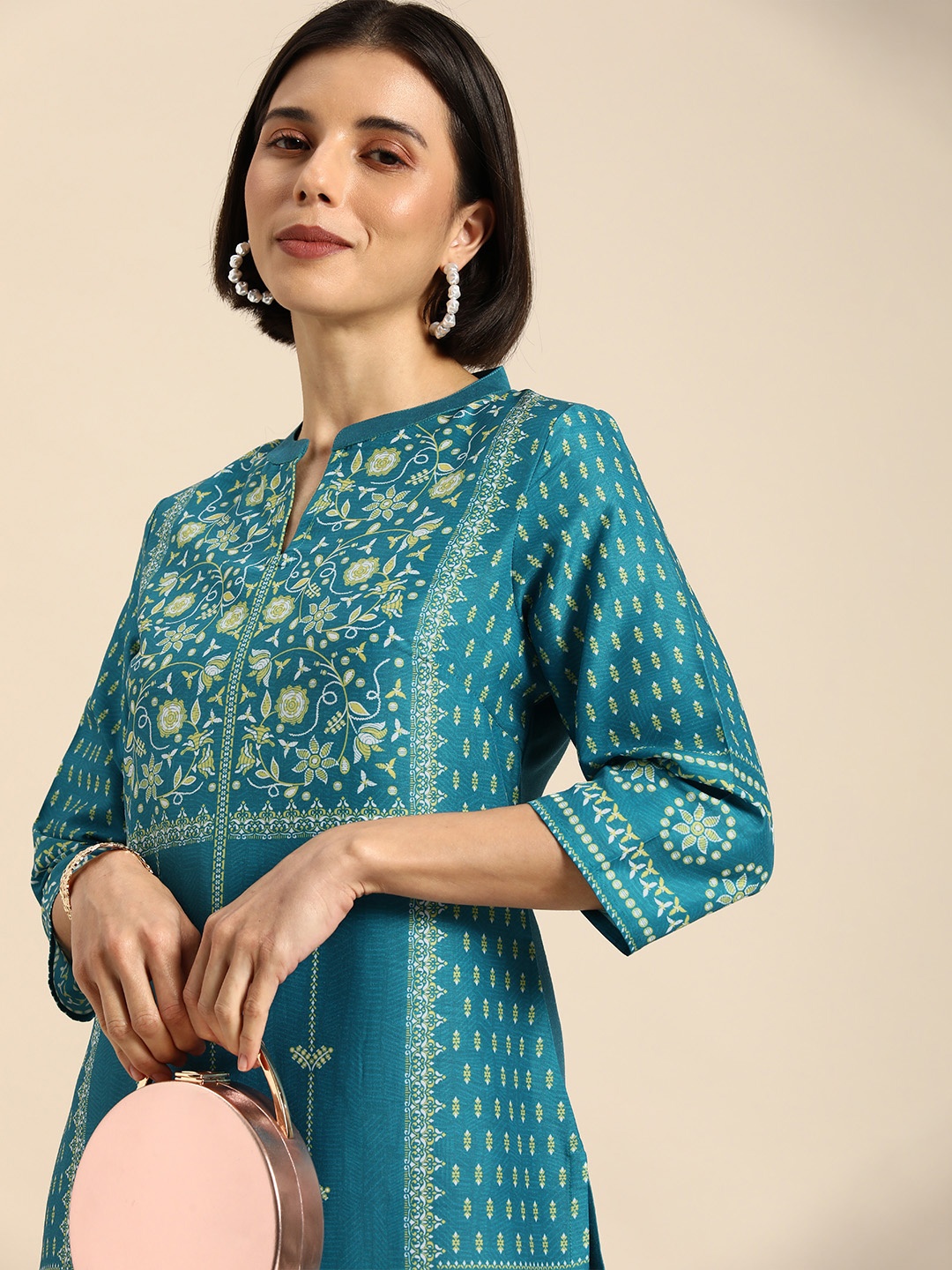 

Anouk Women Teal Blue & Yellow Floral Printed Kurta