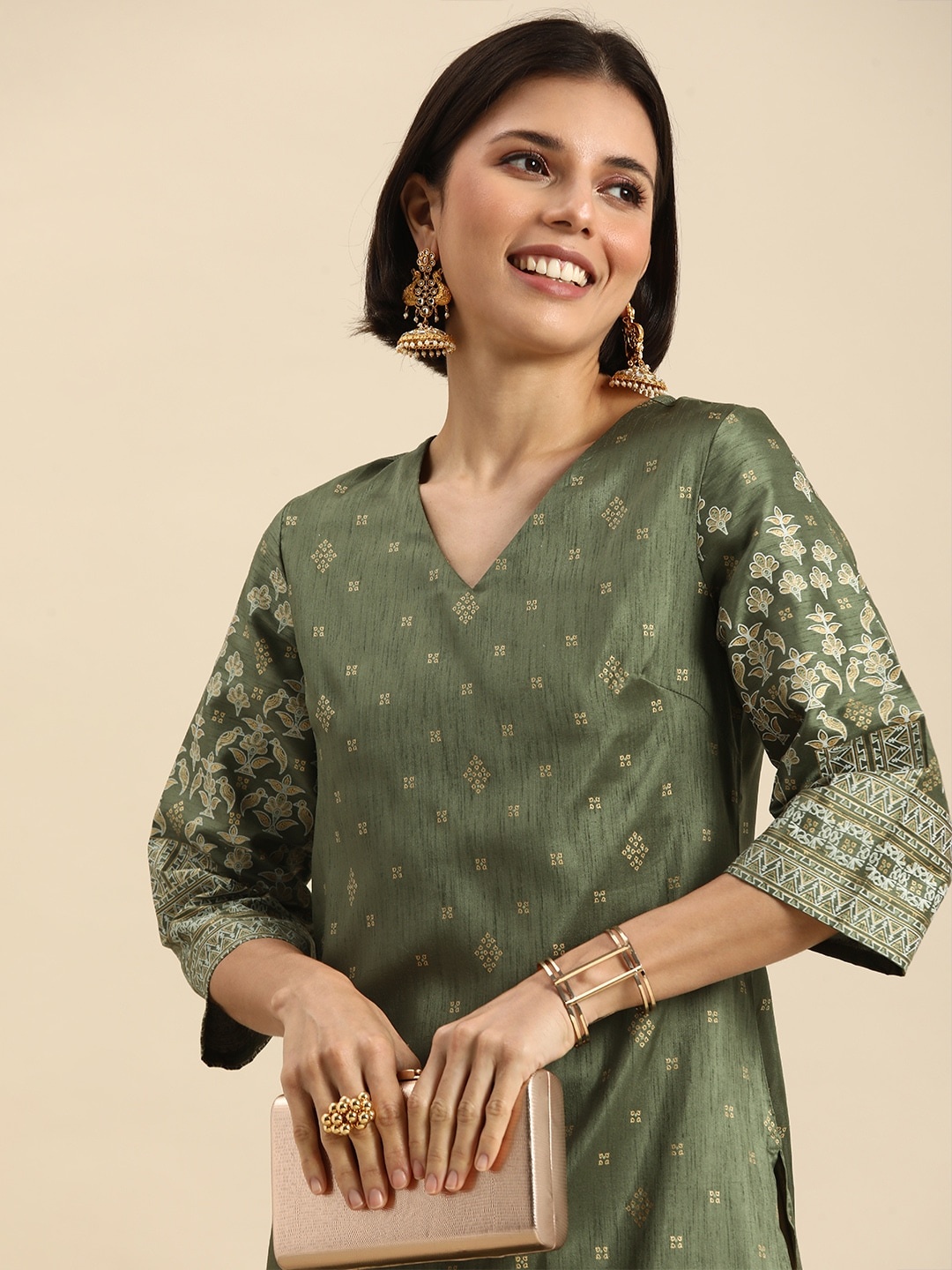 

Anouk Women Olive Green Ethnic Motifs Printed Kurta
