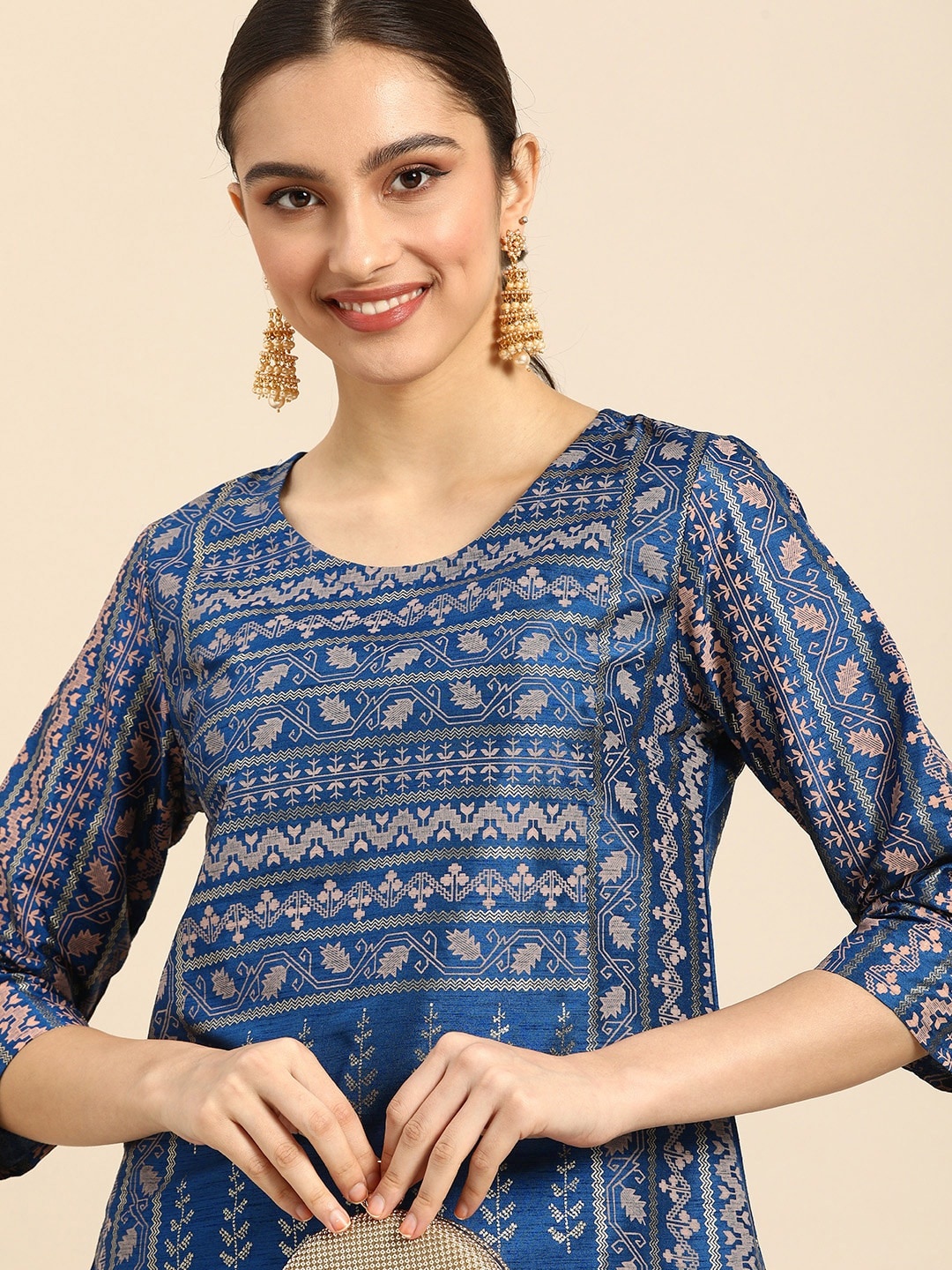 

Anouk Women Blue & Gold-Toned Ethnic Motifs Printed Kurta