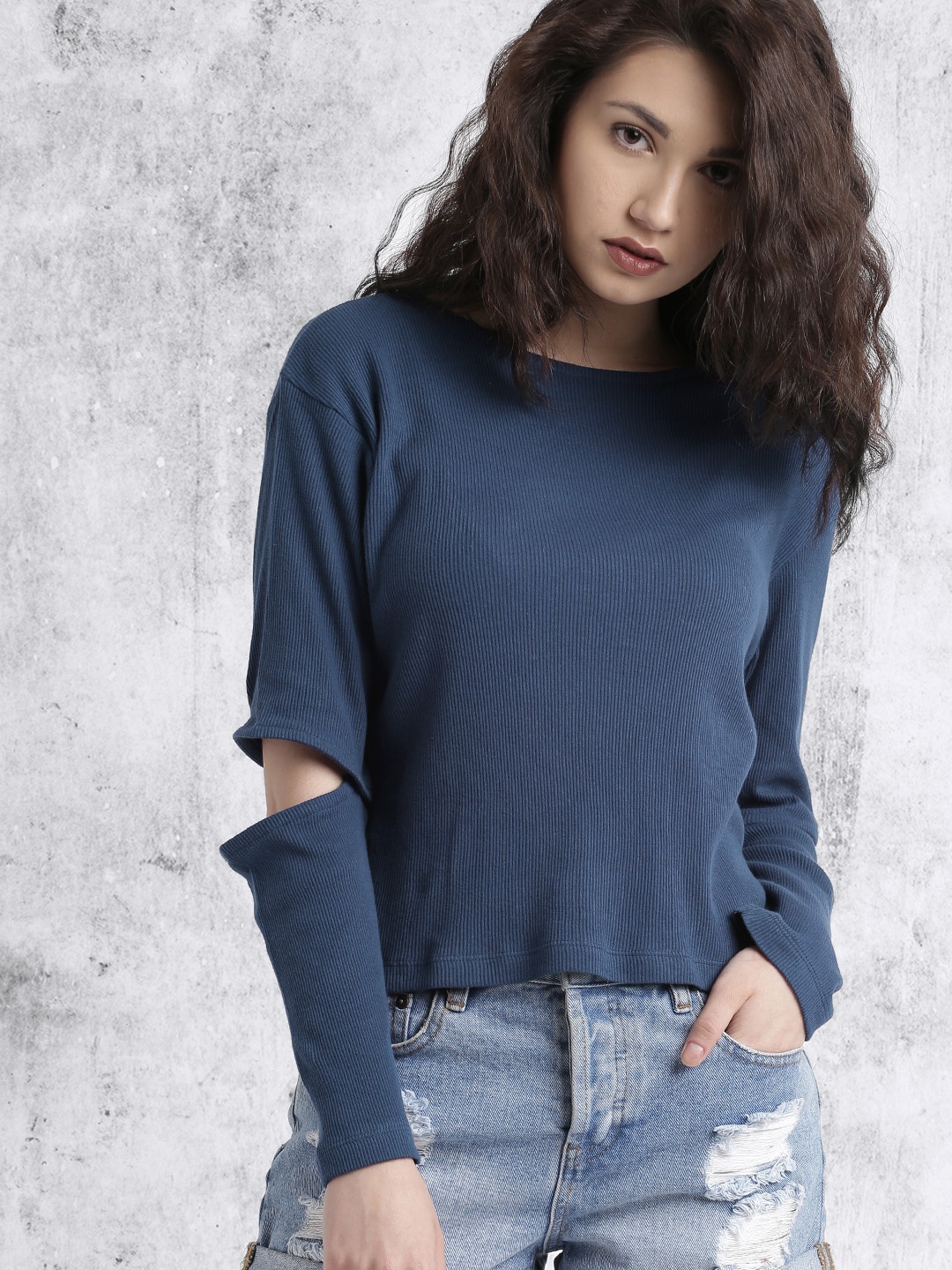 

Roadster Women Navy Blue Solid Pure Cotton Top