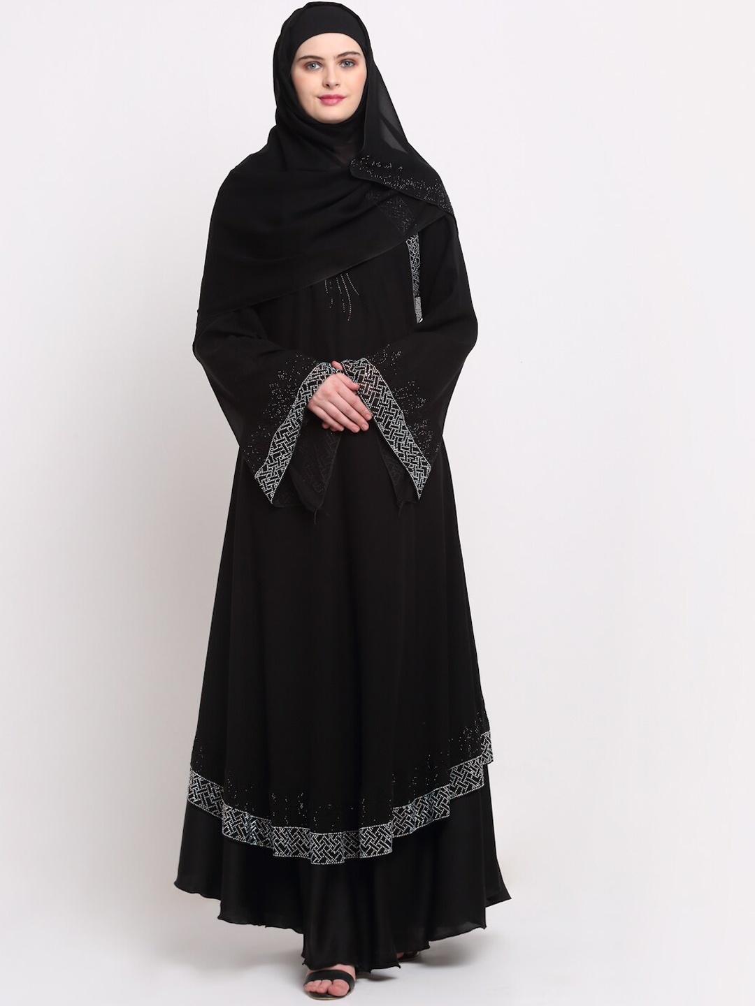 

KLOTTHE Women Black & Silver-Coloured Embellished Burqas With Scarf