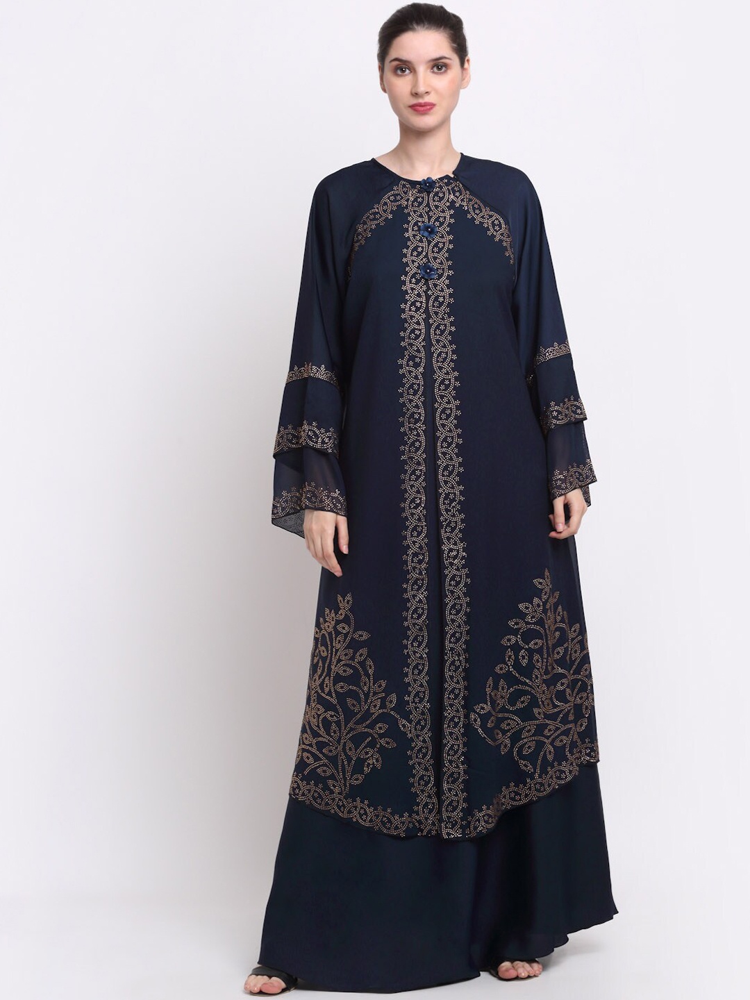 

KLOTTHE Women Navy Blue & Gold-Coloured Embellished Burqas With Scarf
