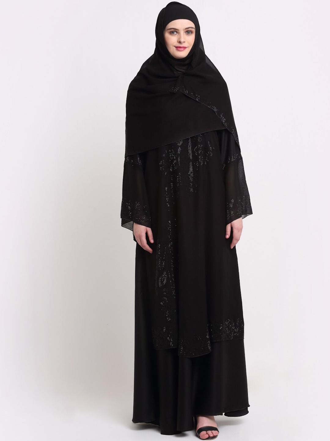 

KLOTTHE Women Black & Silver-Coloured Embellished Burqas With Scarf