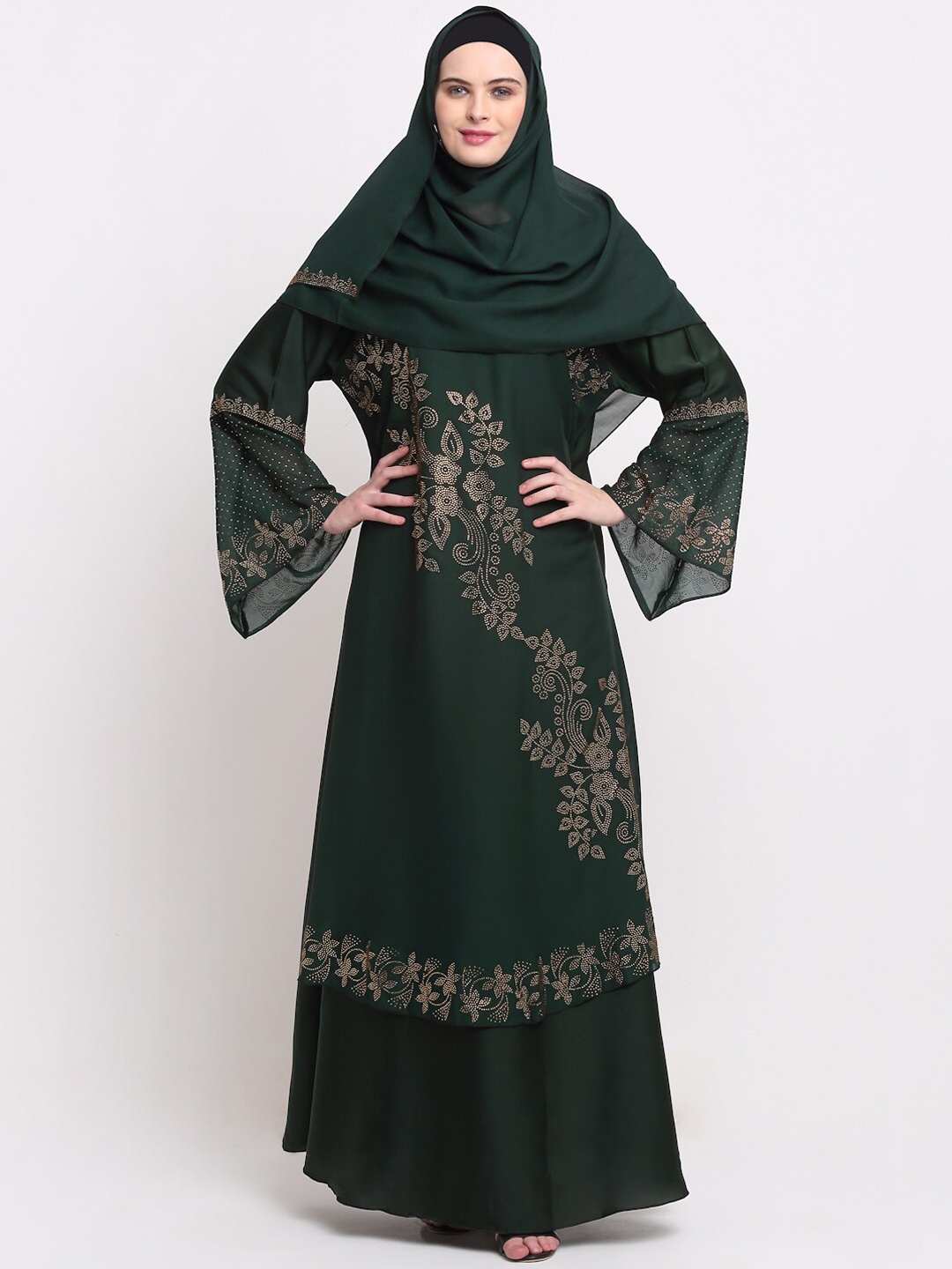 

KLOTTHE Women Green & Silver-Coloured Embellished Burqas With Scarf
