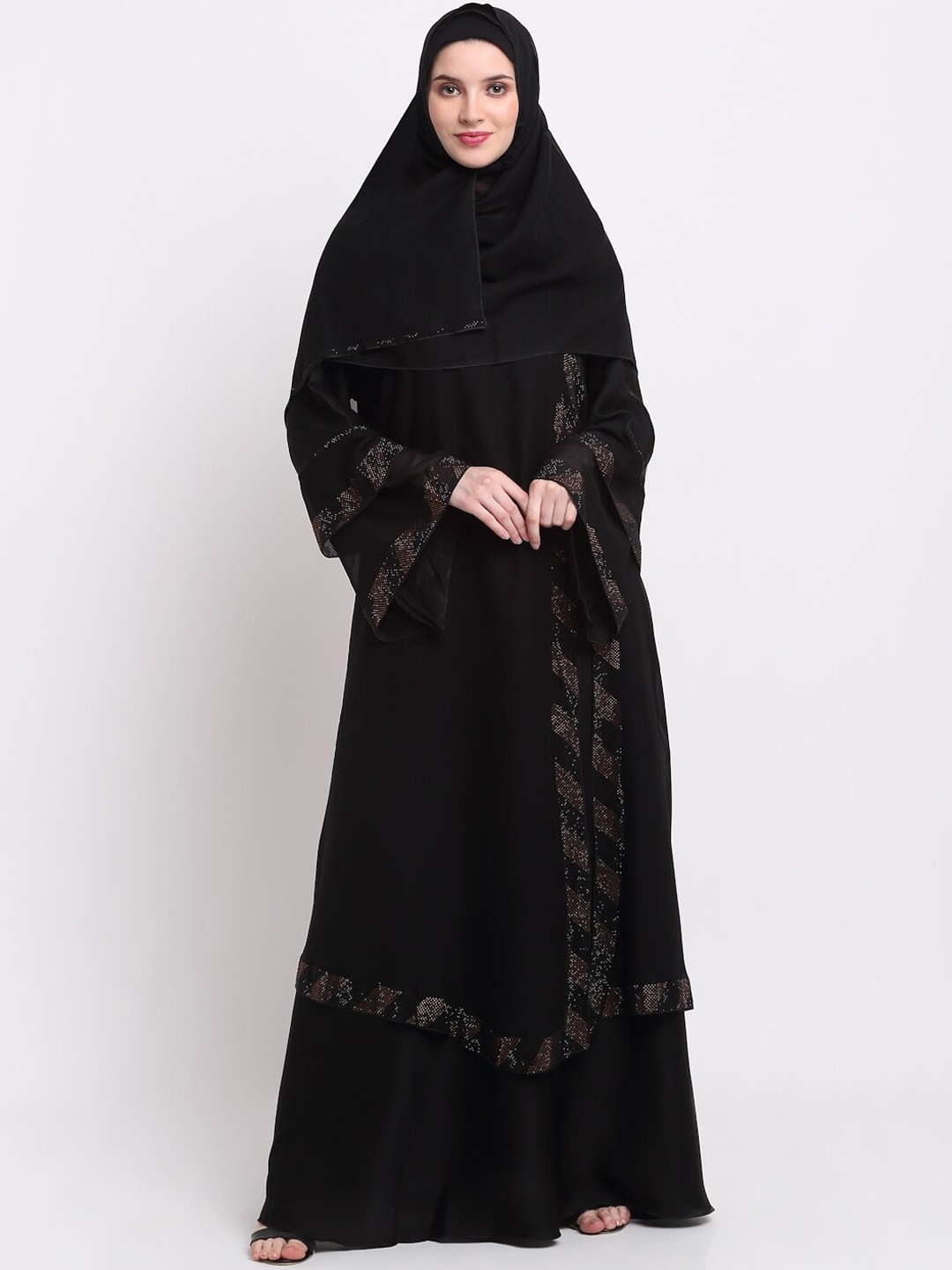 

KLOTTHE Women Black & Silver-Coloured Embellished Burqas With Scarf