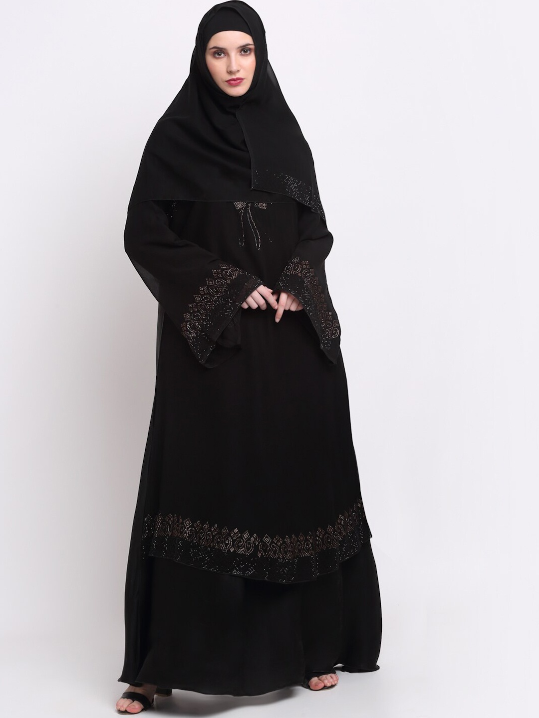 

KLOTTHE Women Black & Silver-Coloured Embellished Burqas With Scarf