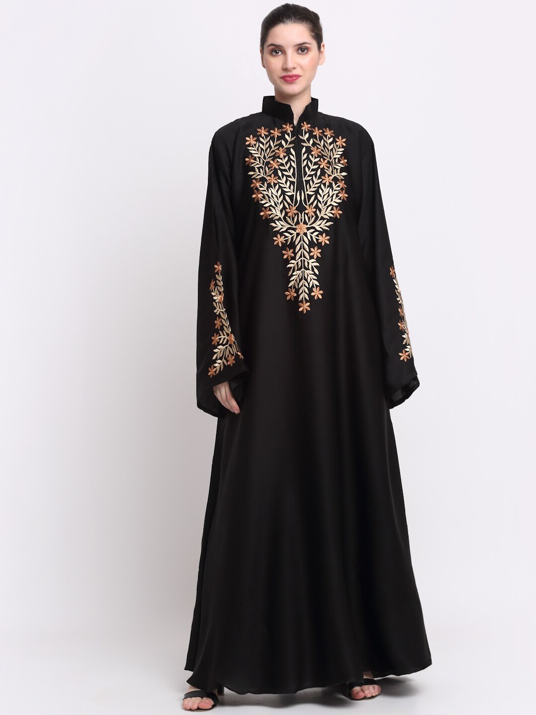 

KLOTTHE Women Black & Gold-Coloured Embroidered Burqas With Scarf