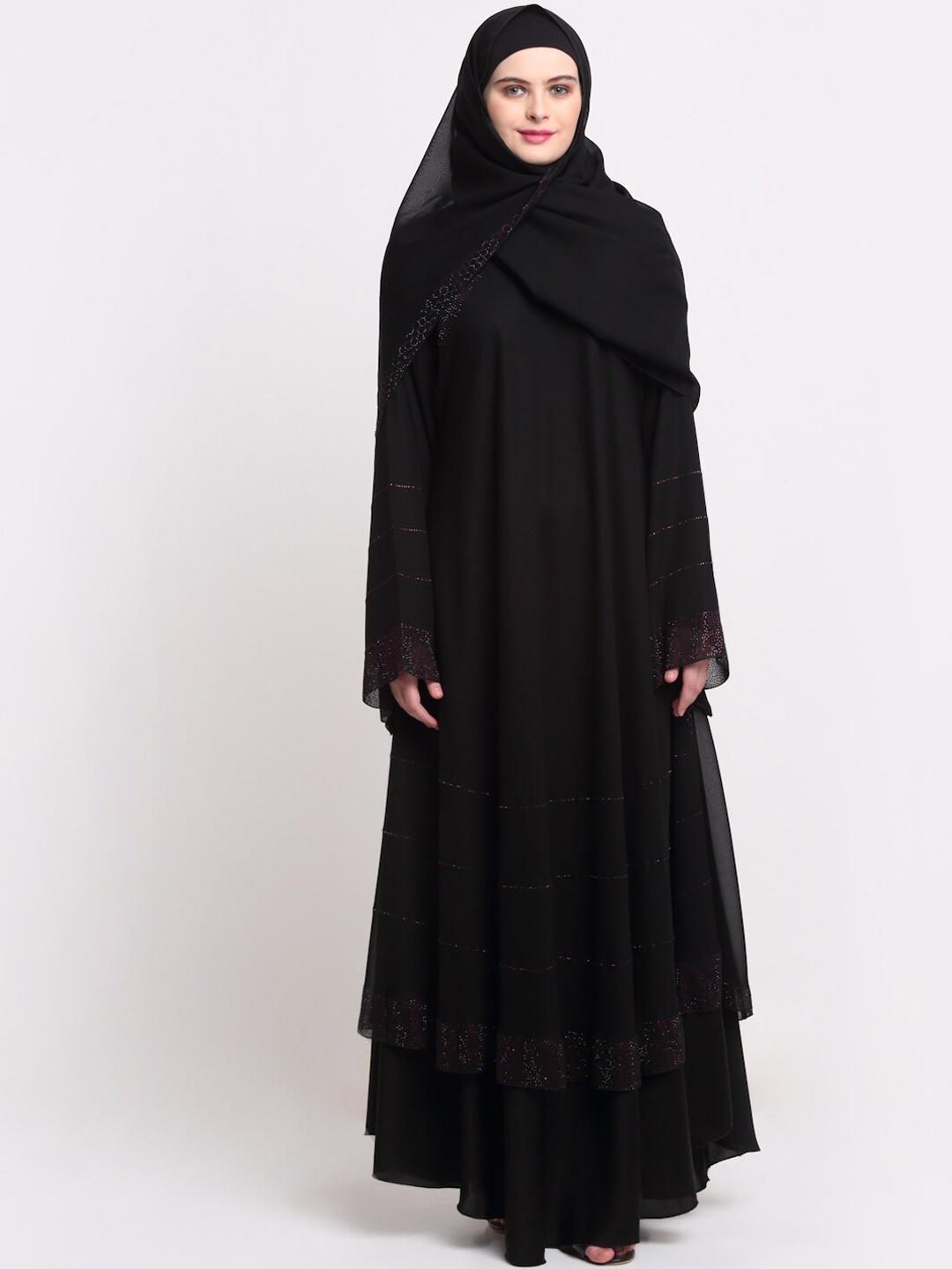 

KLOTTHE Women Black & Silver-Coloured Embellished Burqas With Scarf