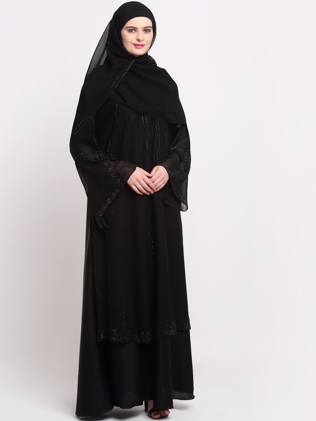 

KLOTTHE Women Black & Silver-Coloured Embellished Burqas With Scarf