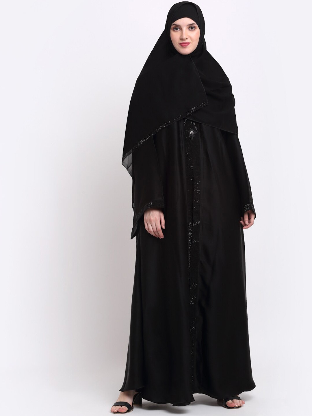 

KLOTTHE Women Black & Silver-Coloured Embellished Burqas With Scarf
