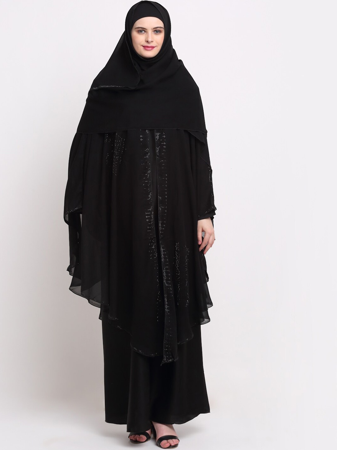 

KLOTTHE Women Black & Silver-Coloured Embellished Burqas With Scarf