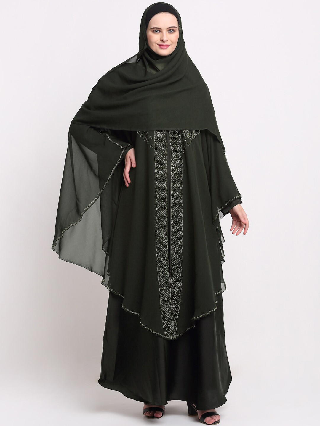 

KLOTTHE Women Green & Silver-Coloured Embellished Burqas With Scarf