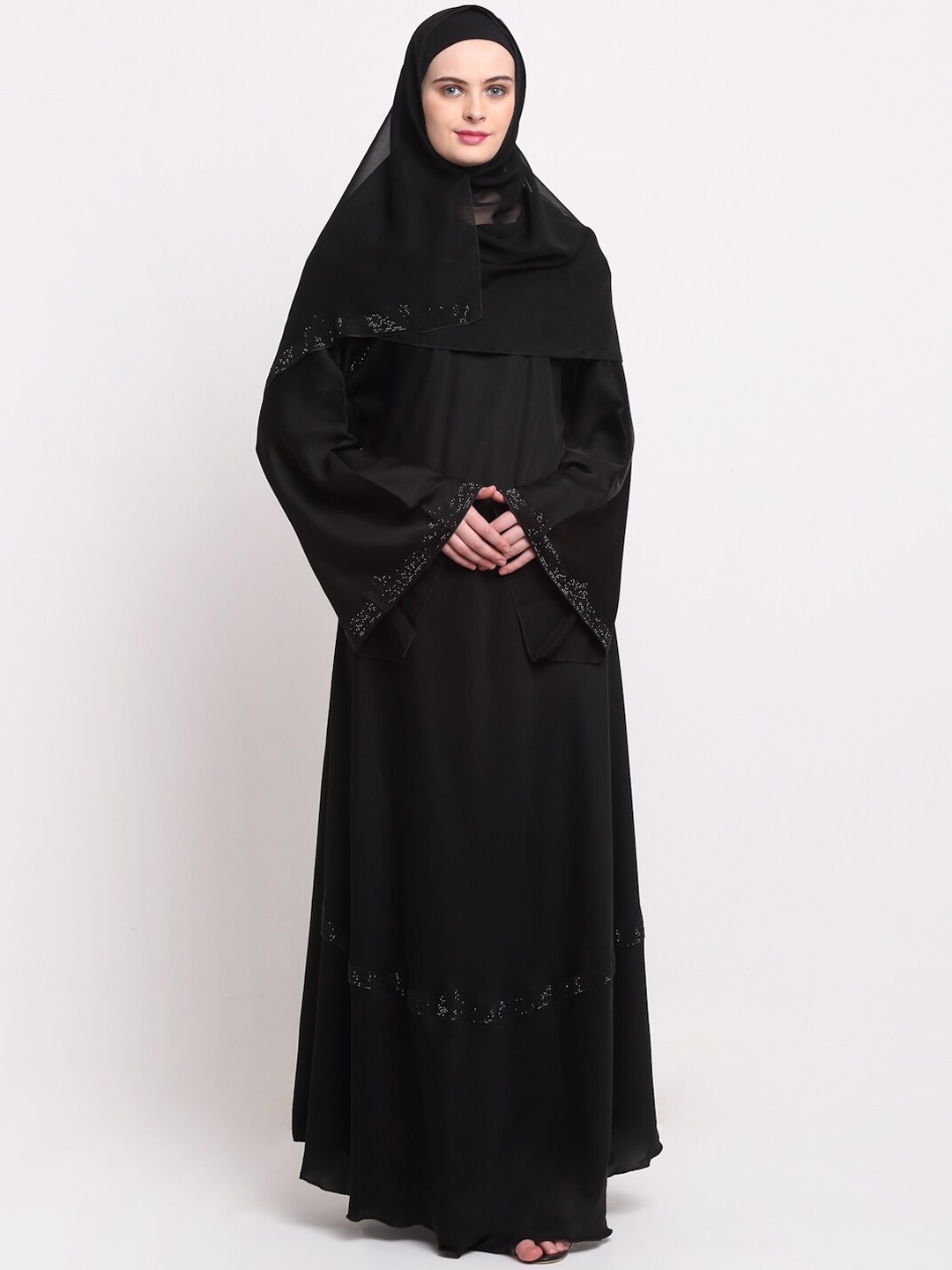 

KLOTTHE Women Black & Silver-Coloured Embellished Burqas With Scarf