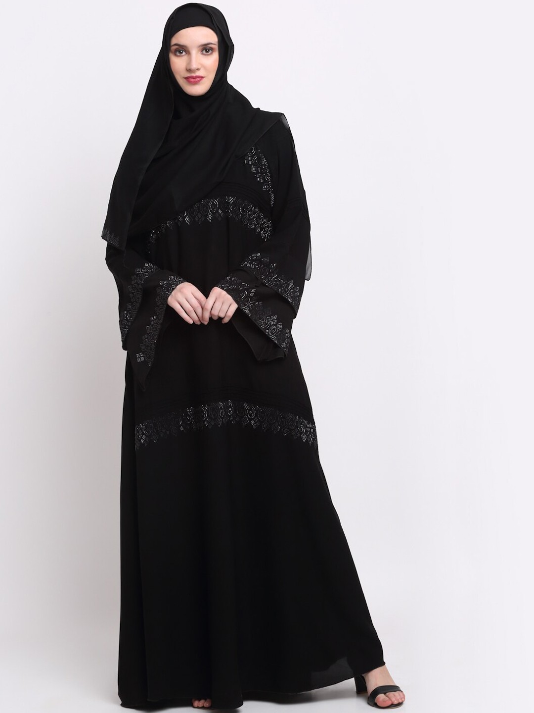 

KLOTTHE Women Black & Silver-Coloured Embellished Burqas With Scarf