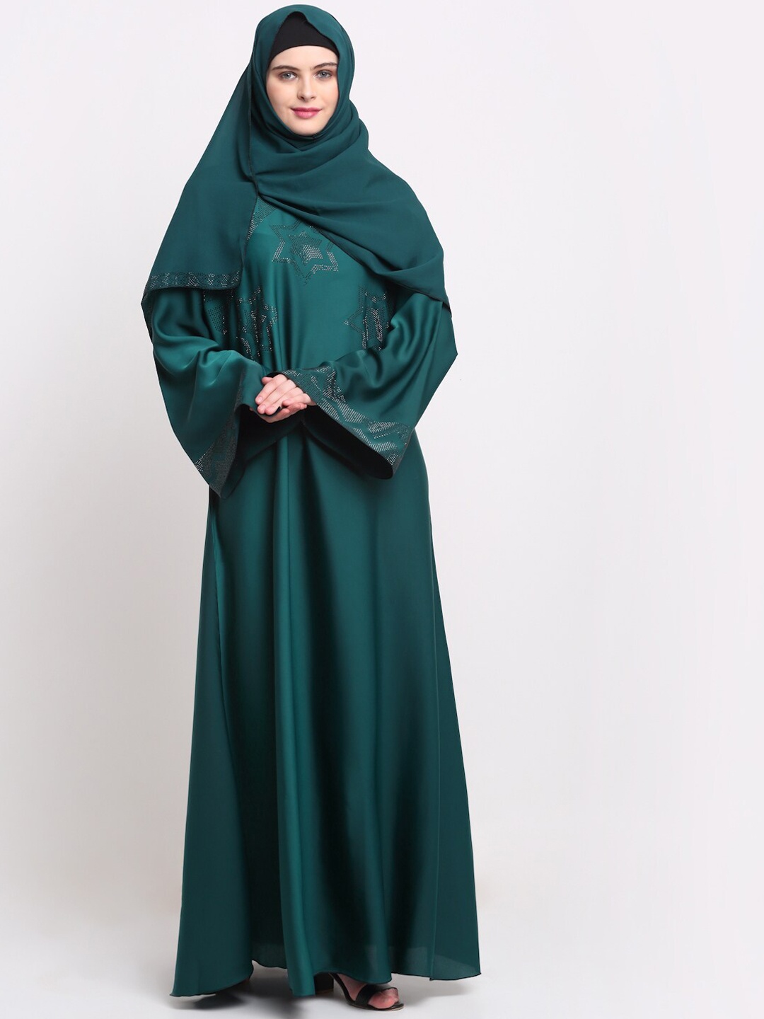 

KLOTTHE Women Turquoise Blue & Silver-Coloured Embellished Burqas With Scarf