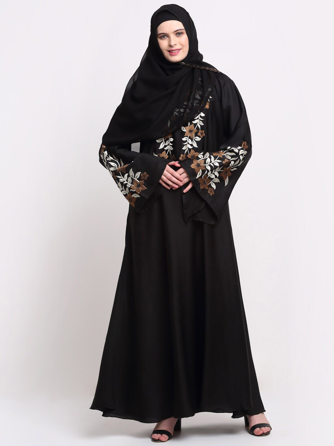 

KLOTTHE Women Black & Brown Embroidered Burqas With Scarf