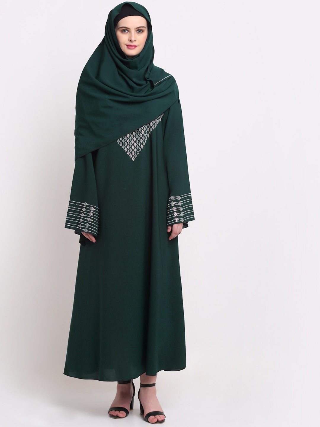 

KLOTTHE Women Green & Silver-Coloured Embellished Burqas With Scarf