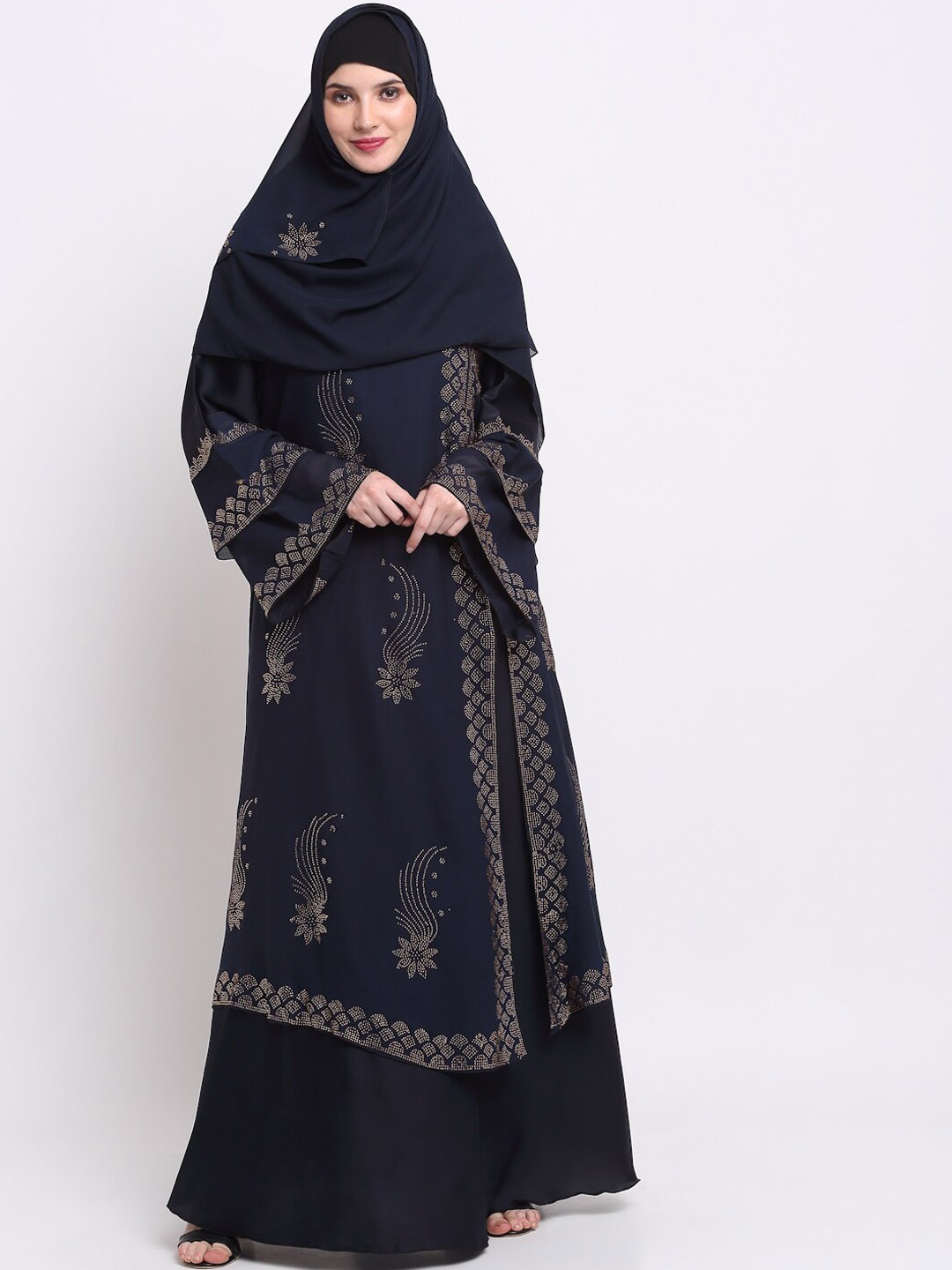

KLOTTHE Women Navy Blue & Silver-Coloured Embellished Burqas With Scarf