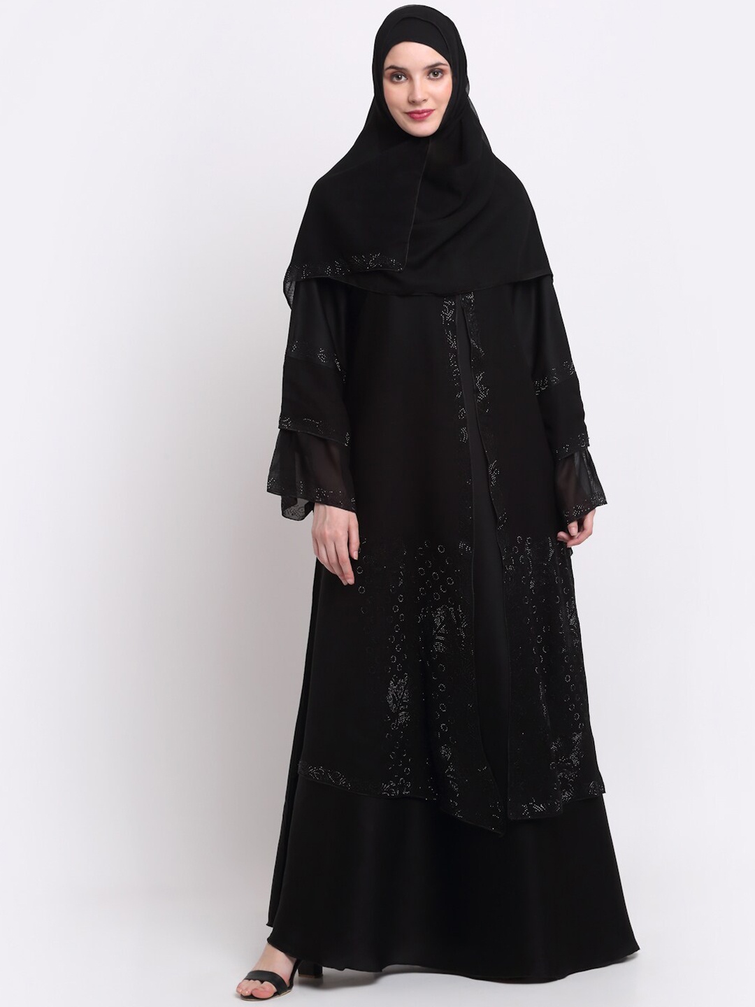 

KLOTTHE Women Black & Silver-Coloured Embellished Burqas With Scarf