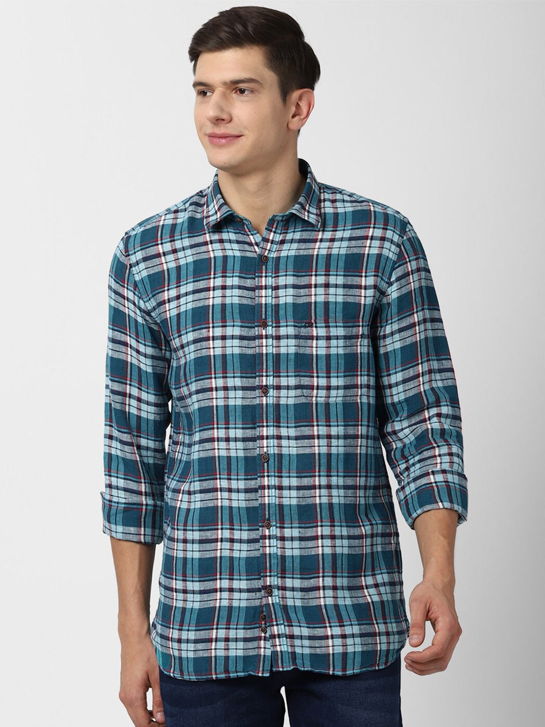 

Peter England Casuals Men Blue Slim Fit Tartan Checks Checked Casual Shirt