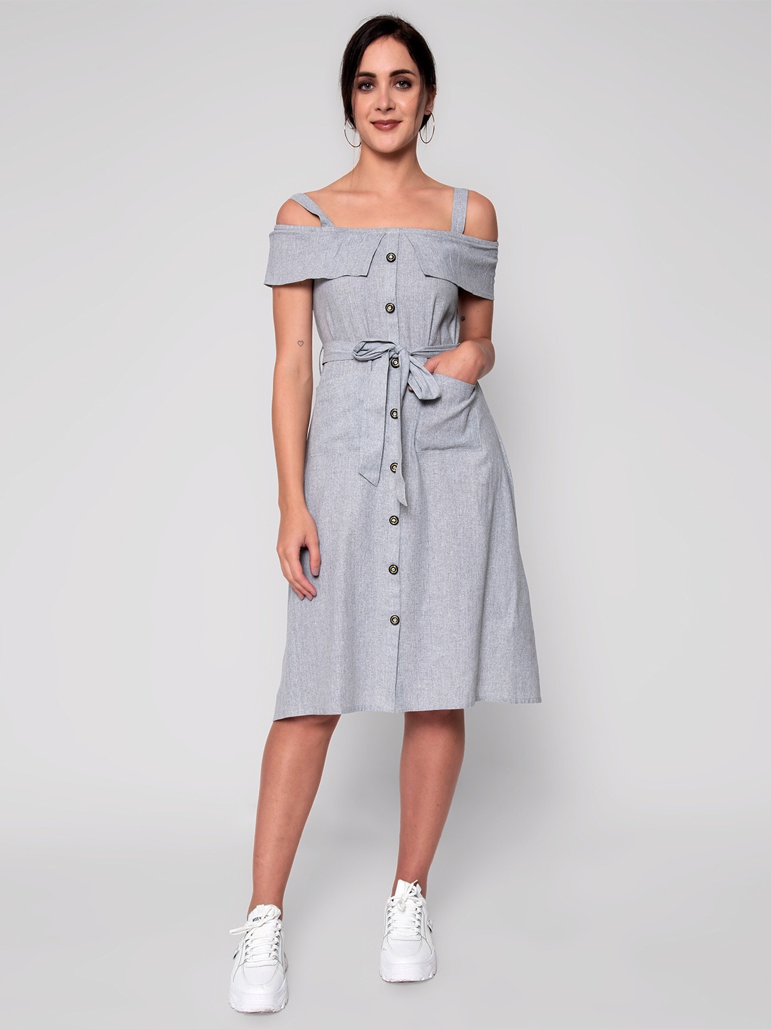 

God Bless Grey Solid Linen A-Line Dress