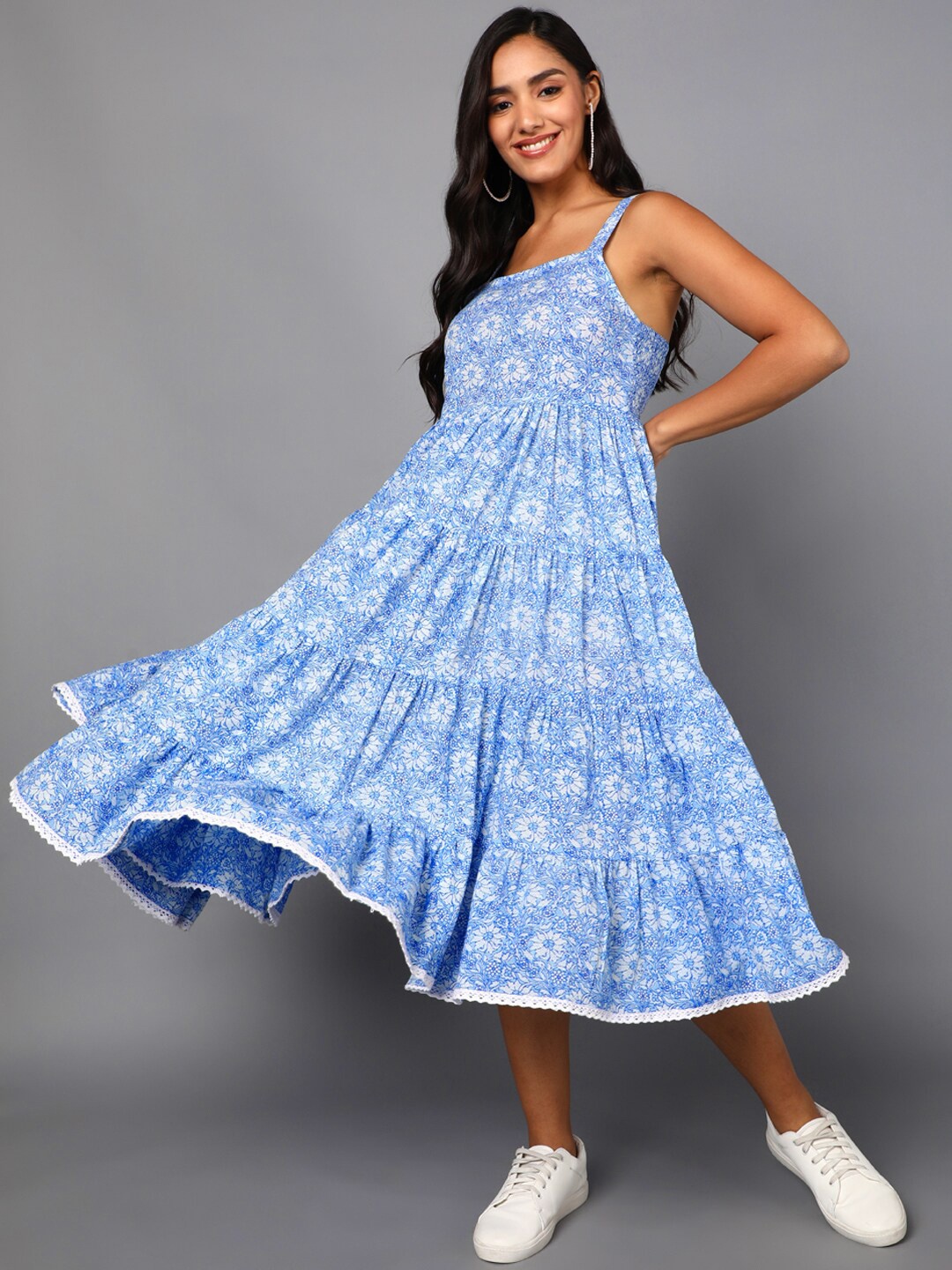 

AHIKA WOMEN Blue & White Floral Layered Midi Dress