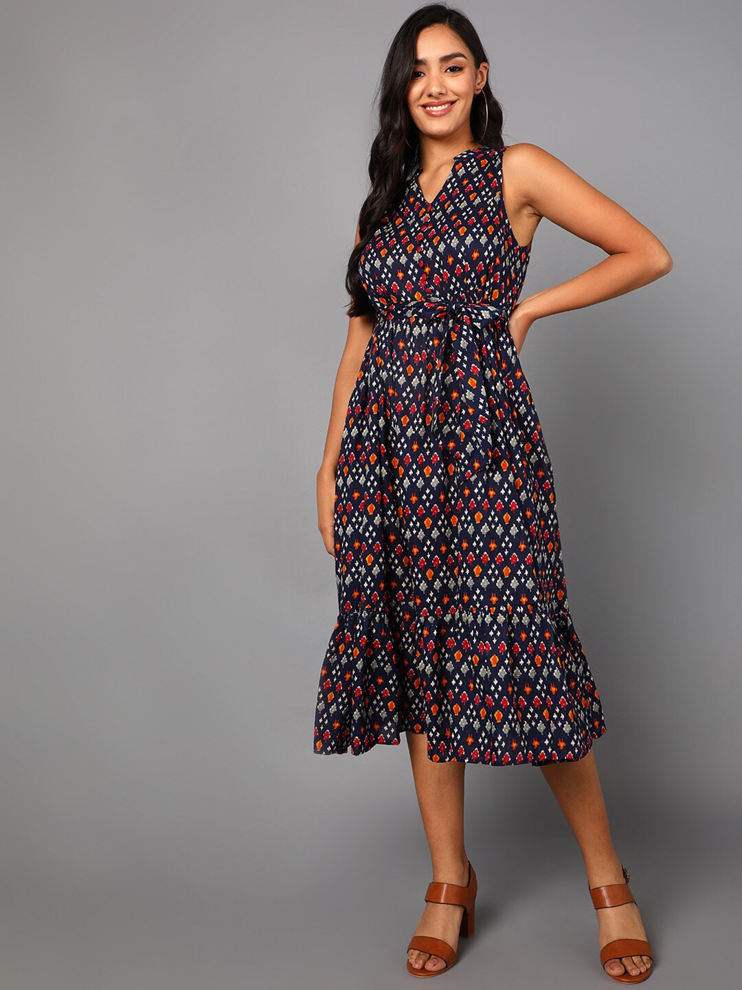 

AHIKA Navy Blue Midi Pirnted Dress