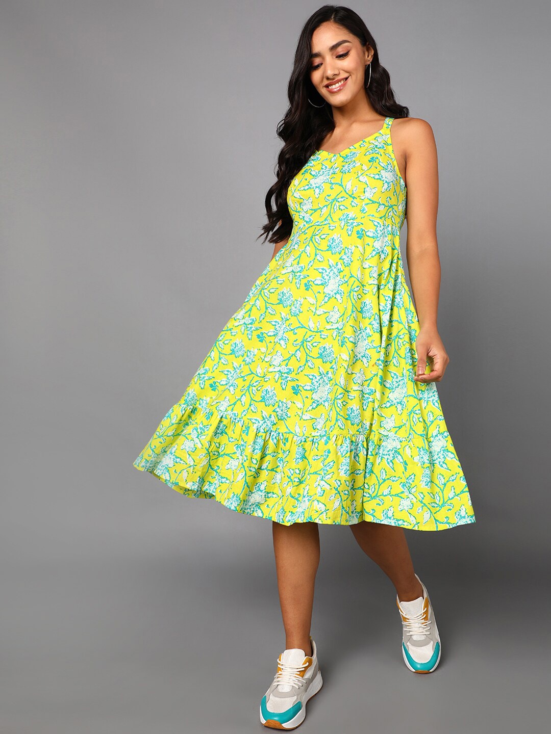 

AHIKA Women Yellow & Blue Floral A-Line Dress